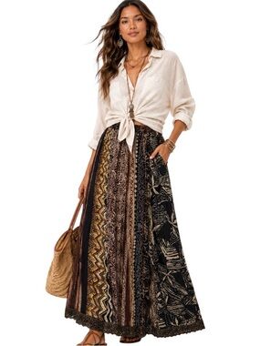Chico’s Silk Patchwork Boho Maxi Skirt Earthy Brown Black Size 2